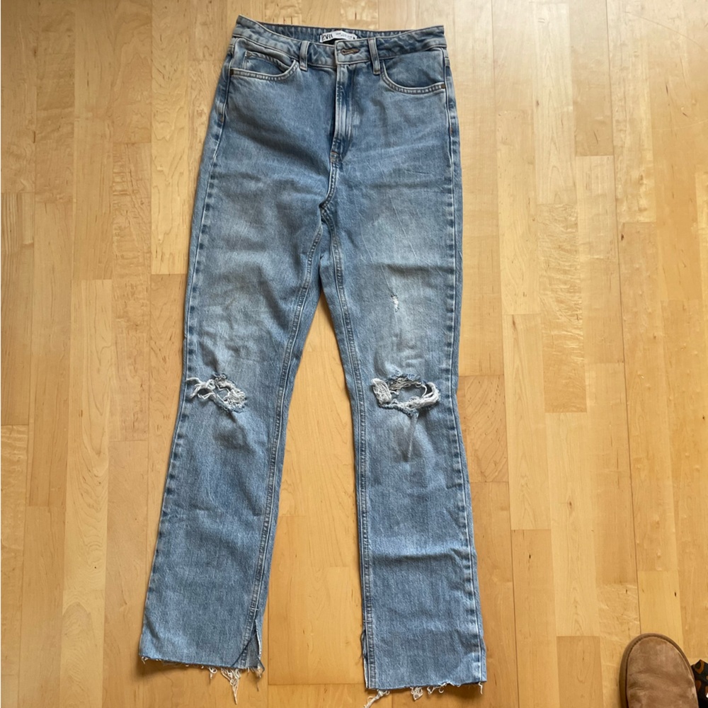 Zara split hem, distressed high-waist jeans.